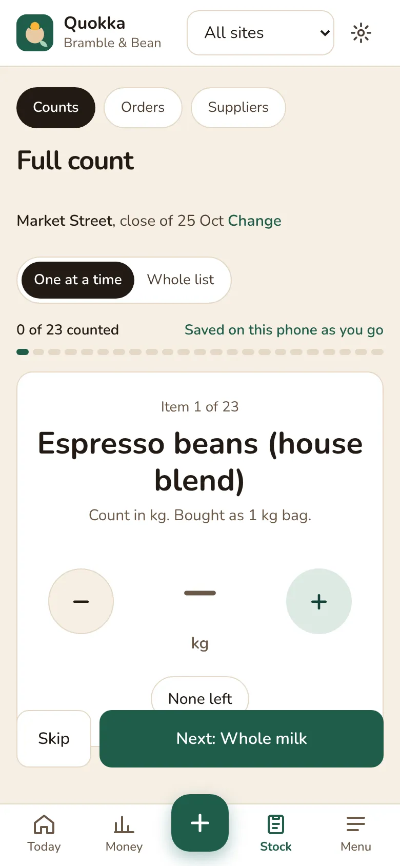 Counting stock in Quokka one item at a time on a phone