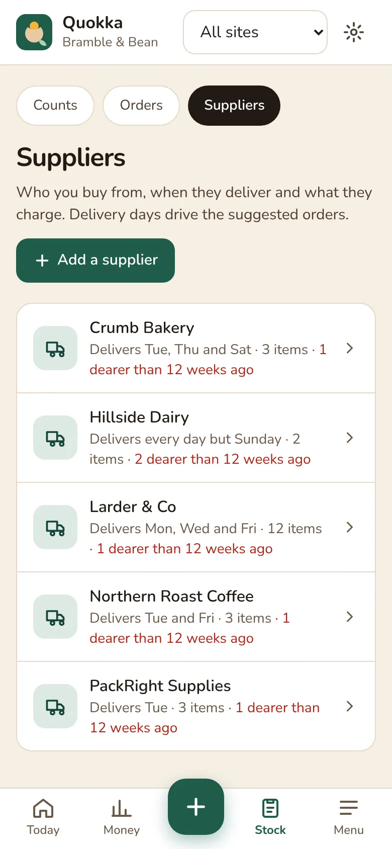 Quokka's Suppliers screen with delivery days and recent price rises